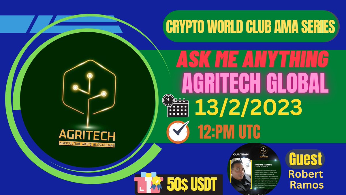 🙀Join Our Next Voice AMA Series With #Agritech Global 

🎁Prize: 50$ USDT
📆Date:  13th February 2023
🧭Time: 12:00 PM UTC
🏨 Venue: t.me/cryptoworldClub

〽️ Rules:

1️⃣. Follow 
@Crypto_World06
  &amp;
<a href="/AgritechAI/">Agritech | Next-Gen AAI and Scalability | 🌐 #AGT</a>

2️⃣. Like Retweet &amp; Comment Your Questions (5 Questions Max