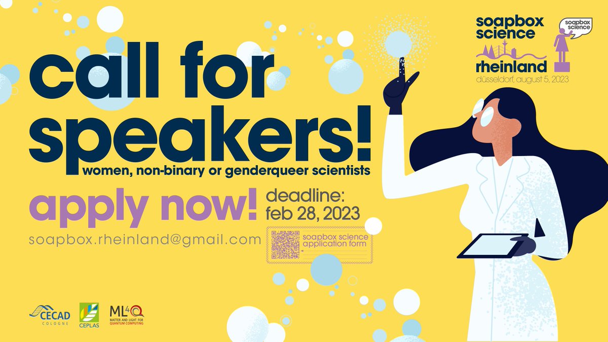 Soapbox_Rhld's tweet photo. The speakers call for Soapbox Science Rheinland 2023 is OPEN! Apply now and get to bring your research to the streets of #Düsseldorf. For more information➡️ https://t.co/MBkCGhIrzw

@ceplas_1 @CECAD_ @ML4Q_cluster @hhu_de @UniCologne @soapboxscience #WomenInScience #WomenInSTEM https://t.co/64TxAAQrw1