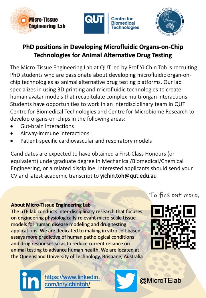We are recruiting PhD students interested in developing #OrganOnChips technology to study #gutbrainaxis, #respiratory and #cardiovascular systems.