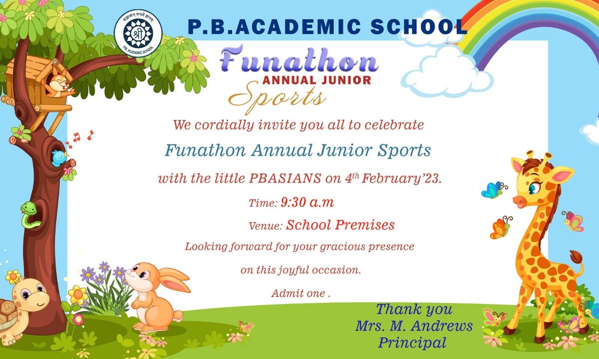 PBASchool's tweet photo. PBAS welcomes you to the Fun Annual Junior Sports Event, Funathon, on 4th February. Come, and be a part of this unique, fun event.
#PBAcademic #pbasians #Besticseschool #schoolthatcares #PBAS #bestICSEschool #onlineadmissions #admission2023 #sports #AnnualSportsDay https://t.co/VeEO5XdgqJ