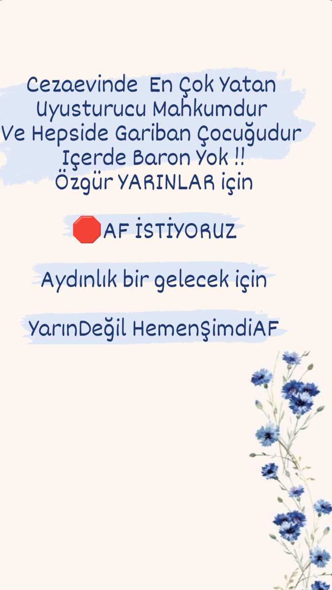 Türkiye cezaevi yoğunluğunda dünyada ikinci sırada.
Toplumda AF çıkması yönünde büyük bir beklenti var.

#GenelAf 

<a href="/RTErdogan/">Recep Tayyip Erdoğan</a> 
<a href="/dbdevletbahceli/">Devlet Bahçeli</a>
<a href="/kilicdarogluk/">Kemal Kılıçdaroğlu</a> <a href="/meral_aksener/">Meral Akşener</a> <a href="/bybekirbozdag/">Bekir  Bozdağ</a> <a href="/AYMBASKANLIGI/">Anayasa Mahkemesi</a> <a href="/muhteremince/">Muhterem İnce</a> @kenanyasar_aym