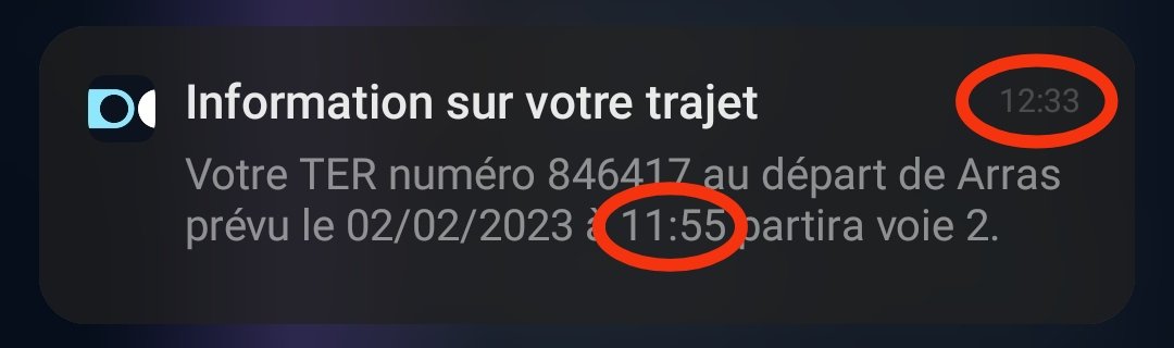 maxl3r's tweet photo. Même les notifications de l'application @SNCFConnect sont en retard. C'est beau de respecter ses valeurs 😬
#SNCF #retardSNCF https://t.co/cnA6f9lax8