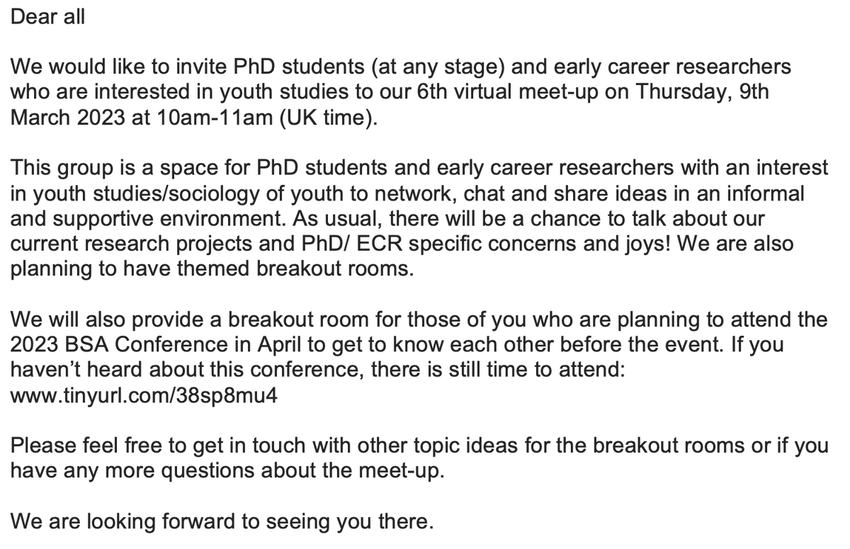 #PhD students and #ECRs interested in #youth studies, join us on🗓️ Thursday, 9th March 2023 at 10-11am (UK time) for our sixth virtual meet-up. DM @SophieAthe or me for Zoom link and more info. See invite with more details below 👇