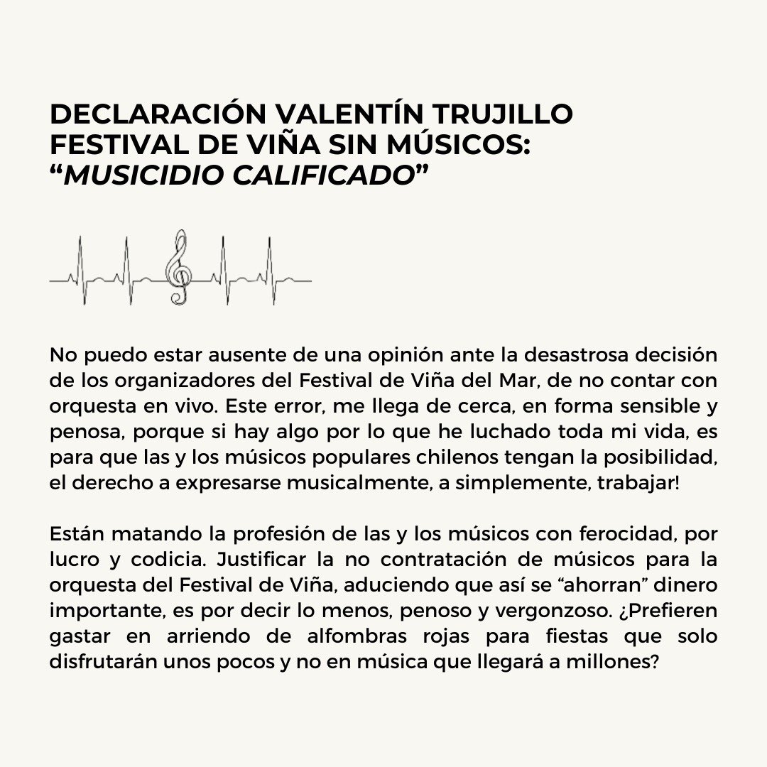 PabloAmatConst's tweet photo. “Musicidio Calificado”, mejor dicho imposible x el maestro Valentín Trujillo, a decisión de no contar con orquesta en vivo en @elfestival que de “Festival de la Canción” va quedando muy poco

Una pena que se pierda ese espacio tan icónico

“Viña es un Festival, Músicos ya no hay” https://t.co/odx3Nnkq0Q