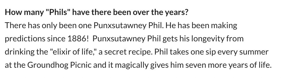 MattGertz's tweet photo. Some really dark stuff in the official Punxsutawney Phil FAQ: He is an immortal because he sips the "elixir of life" every summer, but his "wife" Phyllis "doesn’t receive the Elixir of Life so she will not live forever like Phil." https://t.co/dmCfmQckqz https://t.co/9U6h0LUJne