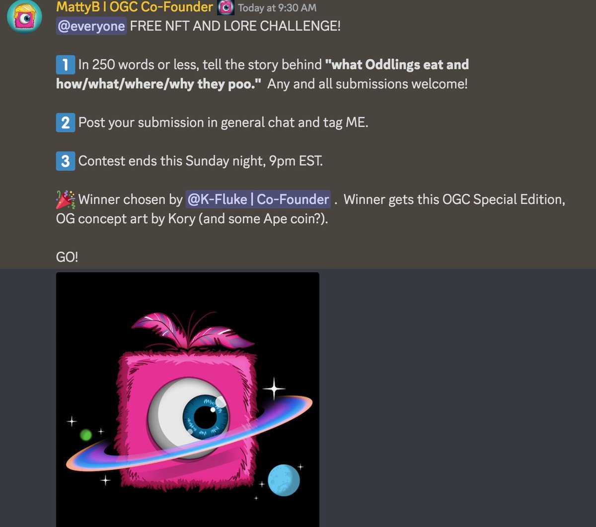 Check out Discord for "how to win" this Special Edition NFT by submitting some funny lore about Oddlings! 

Oh and who's ready for the next build of the GAME!?

#nfts #ogc #tob #oddlings #NFTGiveaways