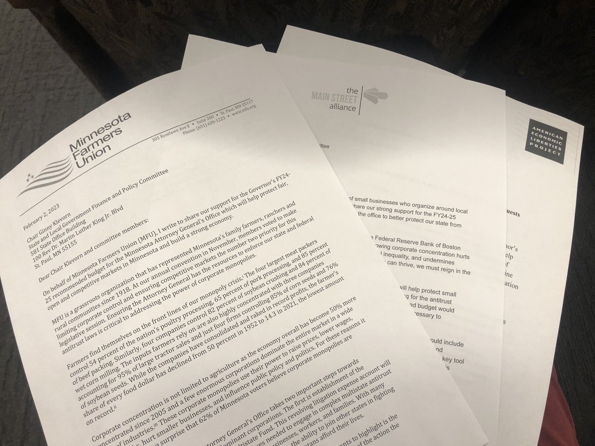 Strong set of letters this morning at #mnleg from <a href="/MNFarmersUnion/">Minnesota Farmers Union</a>, <a href="/mainstreetweets/">Main Street Alliance / Main Street Action</a>, <a href="/econliberties/">American Economic Liberties Project</a> and @CURE_mn (posted/not printed) in support of <a href="/AGEllison/">Attorney General Keith Ellison</a>’s budget for protecting MNs from corporate monopolies. #BreakEmUp