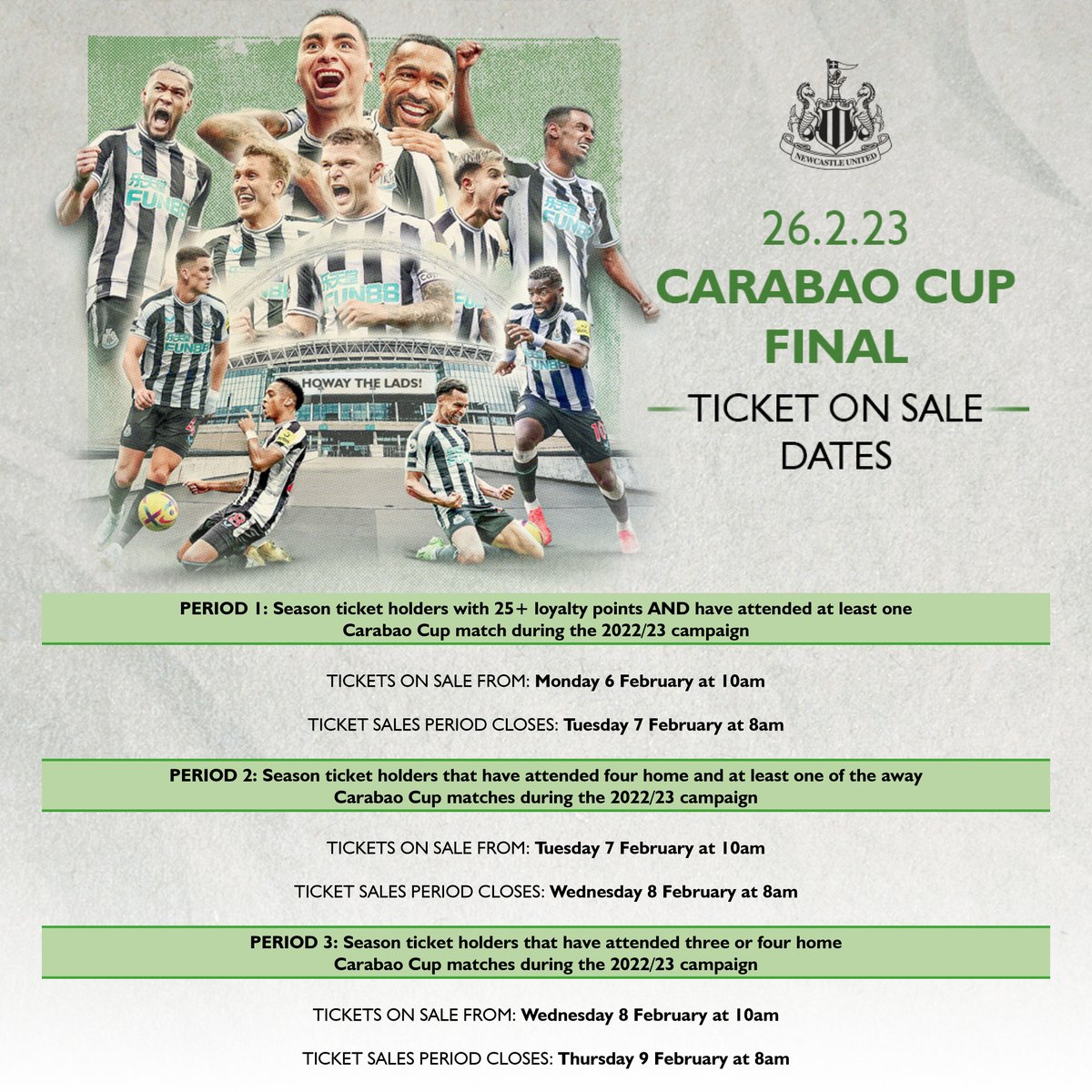 NUFC's tweet photo. 🎫 #NUFC can confirm ticket information for supporters for the Carabao Cup final at Wembley Stadium on Sunday, 26th February 2023.