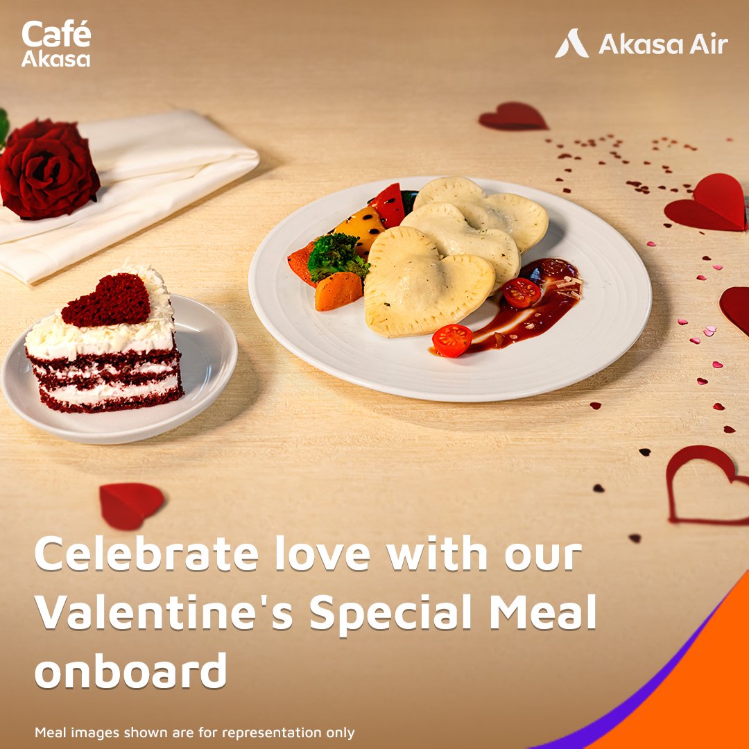 AkasaAir's tweet photo. Love is (quite literally) in the air with our Valentine's Special Meal! Enjoy heart-shaped red sauce ravioli pasta and exotic grilled vegetables accompanied with red velvet pastry &amp; a choice of beverage onboard for you and your loved ones. 💜

Prebook now: https://t.co/hhCS6XCUVz https://t.co/yhn5x0Hg76