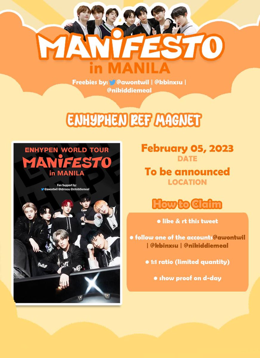 nikiddiemeal's tweet photo. ENHYPEN MANIFESTO IN MANILA 
> freebies by me, @kbinxsu, and @awontwil

📌  Day 3, Feb 5
📌 time and ocation will be posted under this tweet
📌 Check mechanics below. See you! 🧡

#ENHYPEN #enhypeninmanila #MANIFESTO_IN_MANILA #ManifestoInManila https://t.co/z00ouCcegE