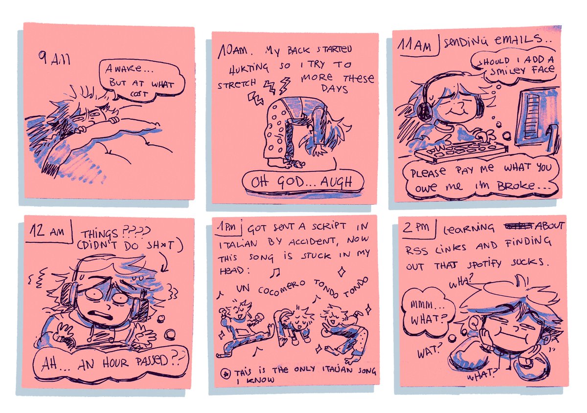 "scanned" my hourlies from yesterday (scanned means i took photos of the sticky notes and edited the hell out of them)
#HourlyComicDay2023 