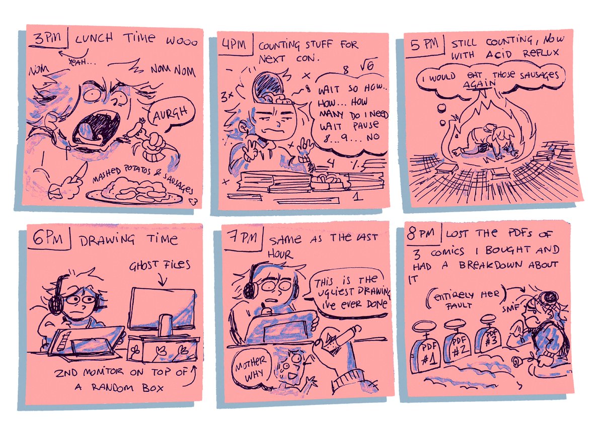 "scanned" my hourlies from yesterday (scanned means i took photos of the sticky notes and edited the hell out of them)
#HourlyComicDay2023 