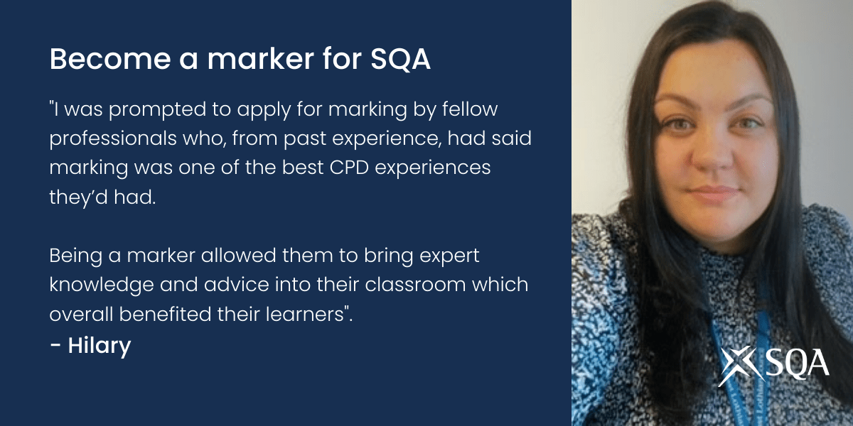 Ever considered becoming a marker for SQA?

Teacher Hilary Andrew, who has marked for Business Management, shares her insights ➡️ bit.ly/3Rj9HZI