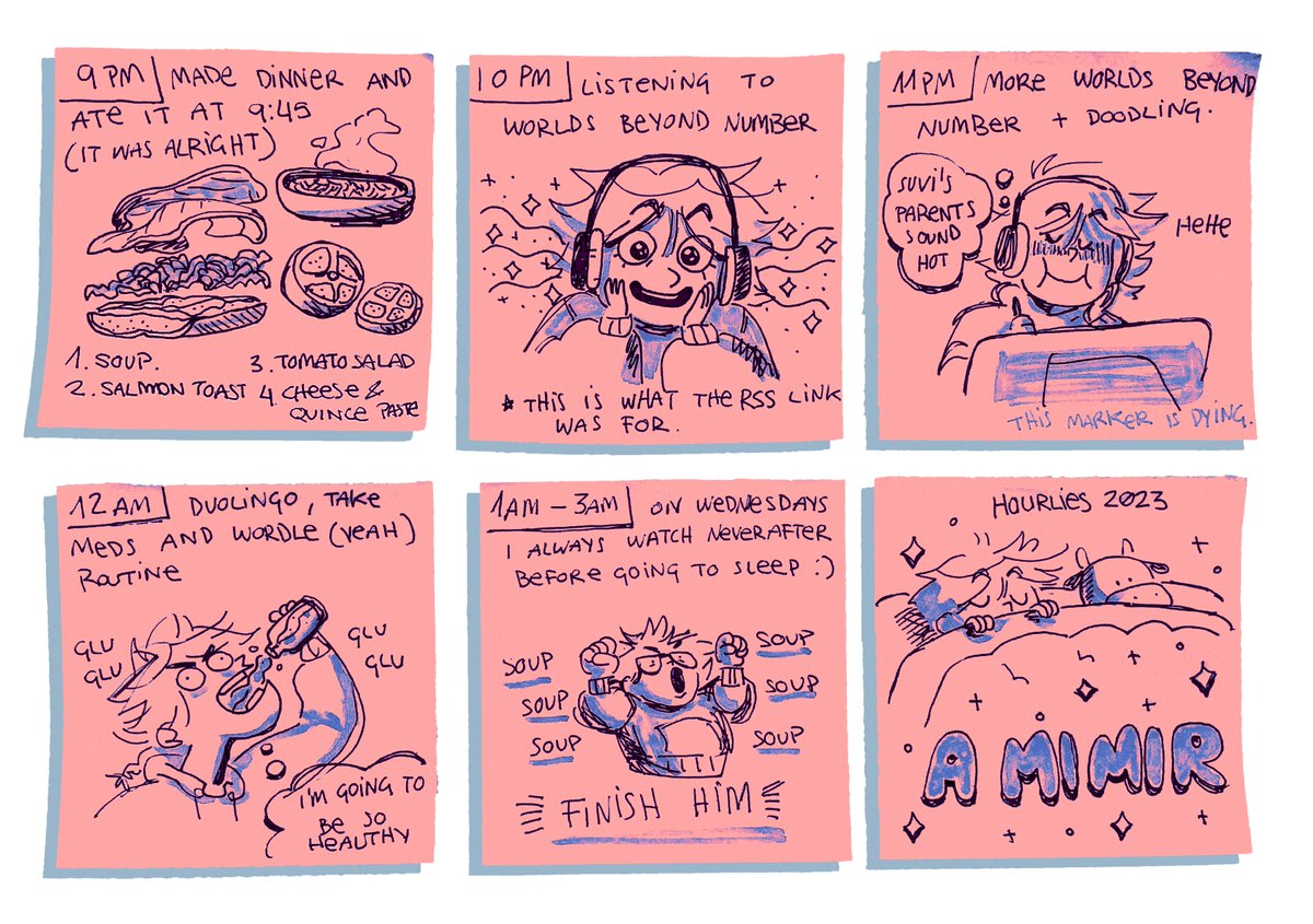 "scanned" my hourlies from yesterday (scanned means i took photos of the sticky notes and edited the hell out of them)
#HourlyComicDay2023 