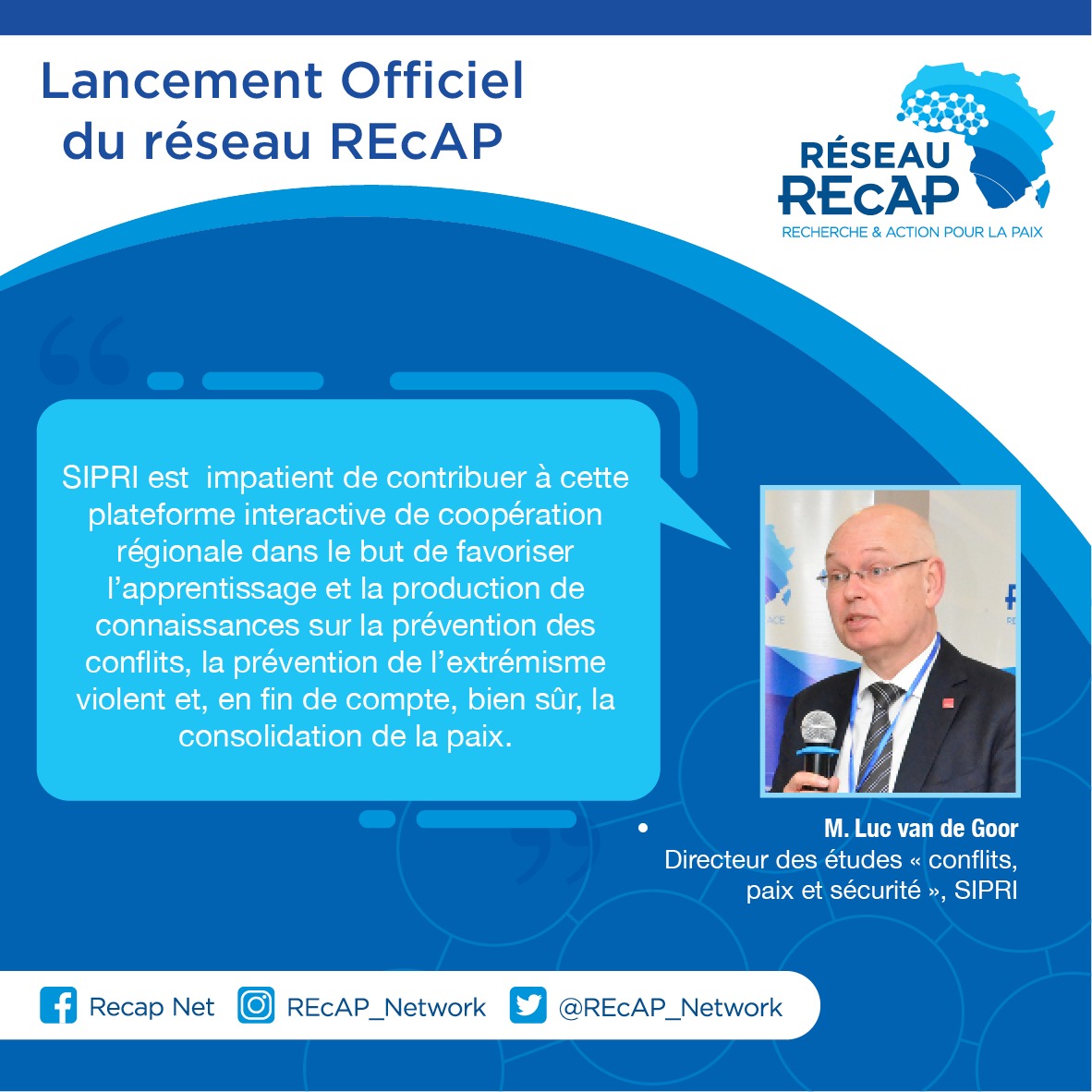 REcAP_Network's tweet photo. M. Luc van de Goor, Directeur des études « conflits, paix et sécurité », SIPRI
@EU_FPI
@UEauSenegal
@SIPRIorg 
@drcwestafrica https://t.co/8npY4AVu8O