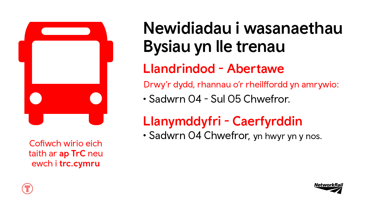 🛠️Gwaith peirianyddol
Sadwrn 04 - Sul 05 Chwefor (drwy'r dydd, rhannau o'r rheilffordd yn amrywio)

🚍Bysiau yn rhedeg yn lle trenau: 
Llandrindod - Abertawe 

ℹ️Gwiriwch eich taith
trc.cymru/cynllunio-taith
