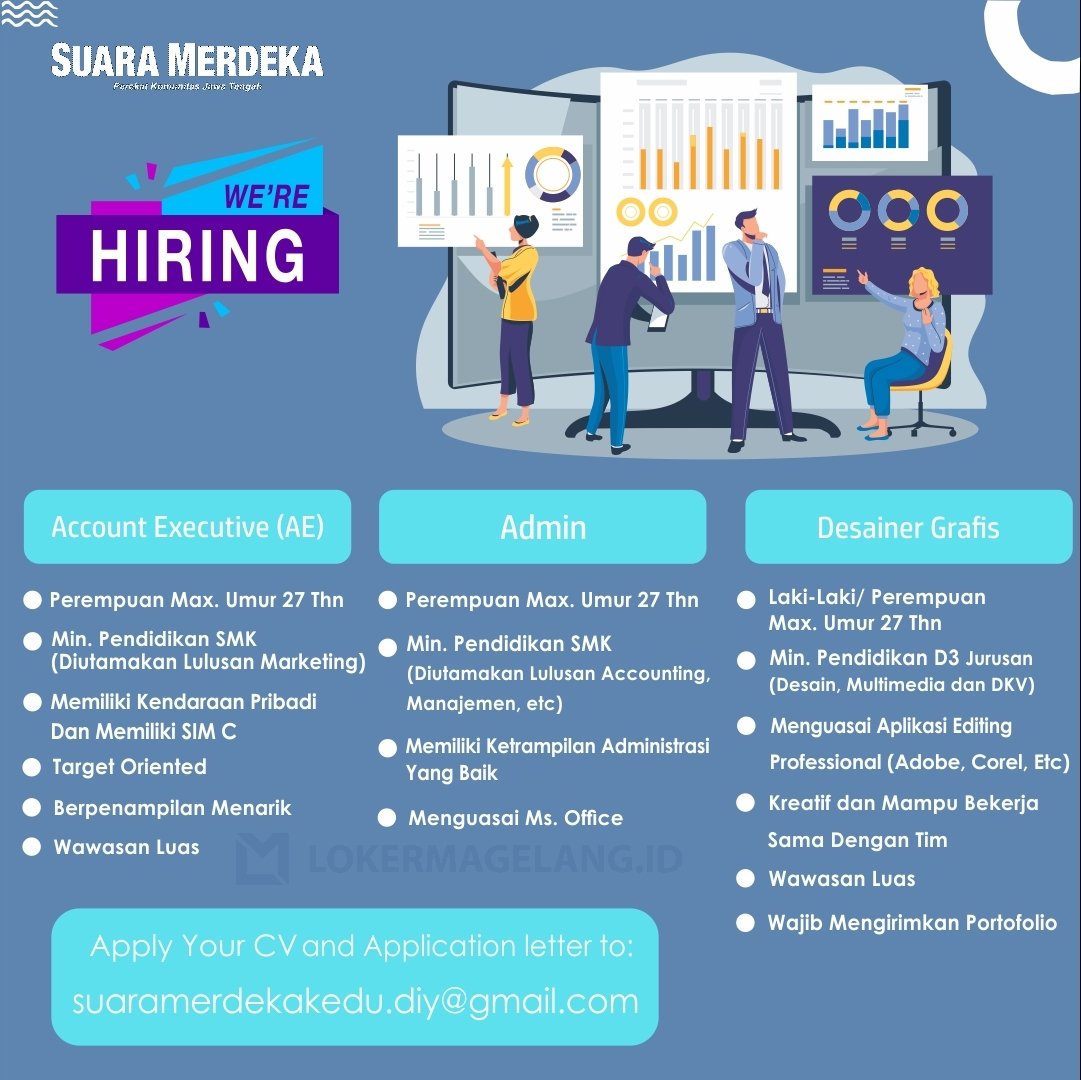 Penempatan: 
Kantor Suara Merdeka Magelang, Jl.Piere Tendean No.9, Magelang Tengah, Kota Magelang. 56117.  

Kirim surat lamaran dan CV ke suaramerdekakedu.diy@gmail.com paling lambat Minggu,12 Feb 2023

Pelamar posisi Graphics Designer/DesainerGrafis wajib mengirimkan Portofolio