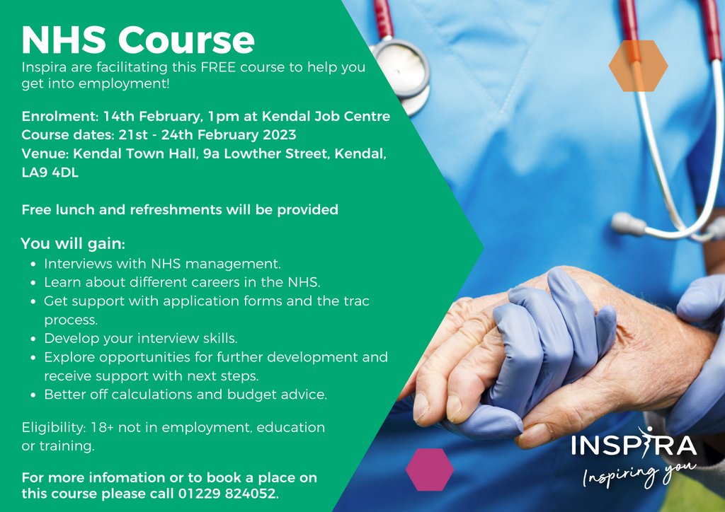inspiraforlife's tweet image. Check out our NHS course!!

A great way to gain some key experience, boost your CV and gain some useful skills!

To book your place, or for more information, call: 01229824052
or send us a message on facebook!

#course #nhscourse #nhs #nurse #nhsnurses #nursing