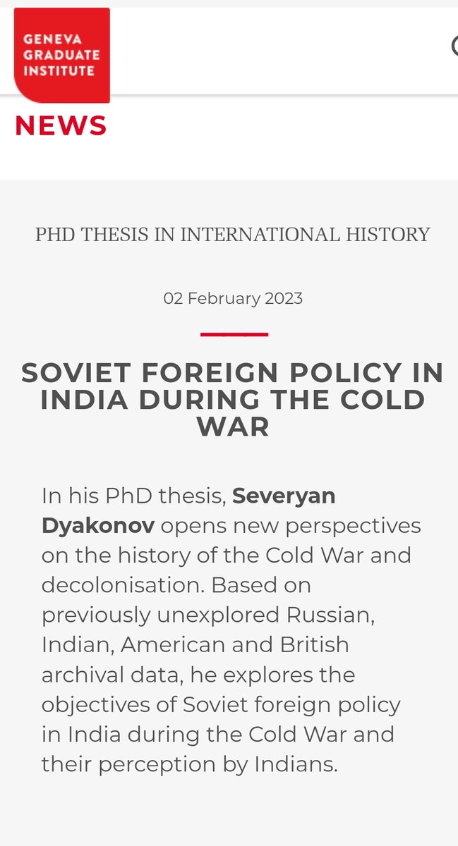 Some hints on my PhD thesis 'Soviet Public Diplomacy in India, 1959-1965' @iheid_history that I hope to publish as a book. 
Thank you @GVAGrad for making this interview! 
#tweethistorians #ColdWar #PublicDiplomacy #Decolonization #India #USSR

graduateinstitute.ch/communications…