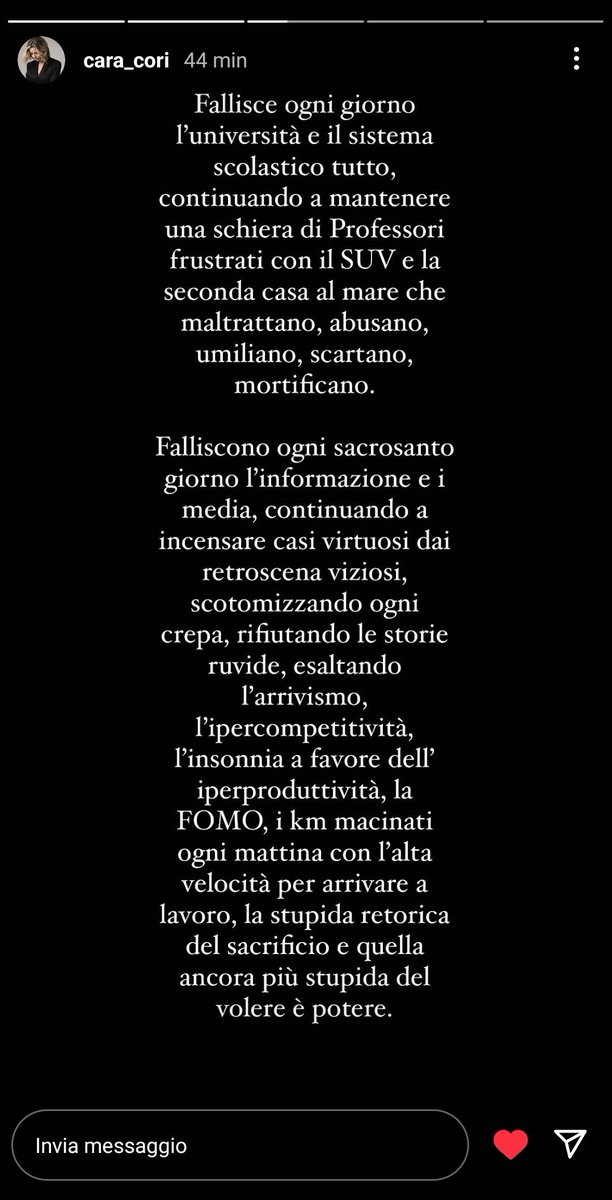 selenerrre's tweet photo. Ha fallito la società
convincendoci che per
essere meritevoli come
umani si debba spingere
l'acceleratore accademico, puntare
alla perfezione, bruciare le
tappe, non concedere
debolezze, non transigere
sugli anni di corso, non
accettare ripensamenti

Queste storie di @CaraCori 🙏 https://t.co/nvRzUgICfj