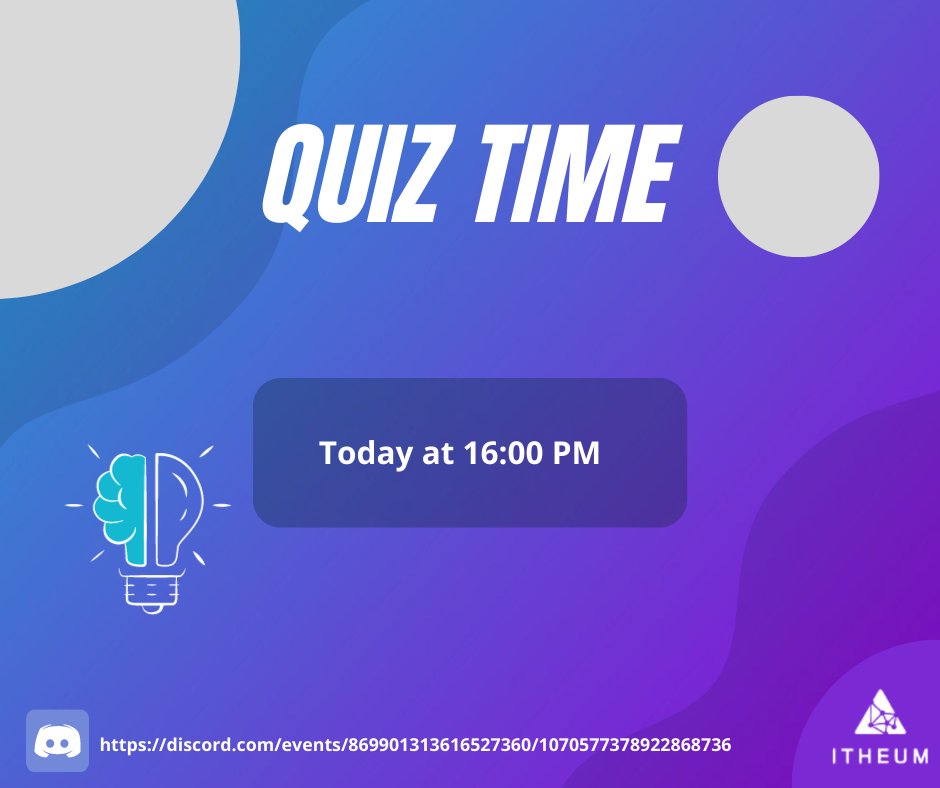 It's the first quiz of the month 

Join us, on our DISCORD server ( itheum.io/discord ) today at 16:00 UTC for a fun and educational quiz! 📚

See you soon! 😎

#NFT #Quiz #Itheum #Discord #web3