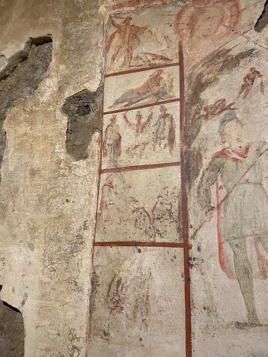 Another highlight of the recent trip to Rome - finally seeing the Barberini mithraeum in person. A rare example of a painted tauroctony, which includes the signs of the Zodiac above Mithras’ head
🌞 🌚 🔪🐮 🐍 🐕 🦂 🌌