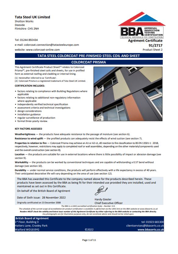 Colorcoat's tweet image. We have now been issued the  British Board of Agrément, @BBACerts 91/2717 for the integration of a new textured finish of 3-layer Colorcoat Prisma® pre-finished steel, which has held a BBA #certificate for over 5 years! ow.ly/aerK50MHHUq
#durability #builttolast #BBAcerts