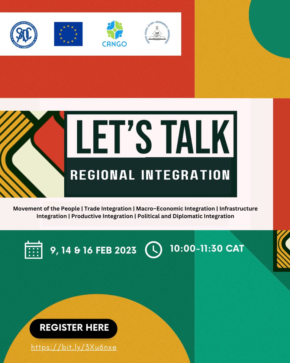 CANGO3's tweet photo. #RegionalIntegration: Join us for the SADC Regional Integration, #Webinar Series on the 9th, 14th &amp; 16th Feb to learn about the benefits of regional #cooperation &amp; how to create a more #connected world🌍

Click to register: https://t.co/VPUhsVkQBu https://t.co/3UdxME2ds5