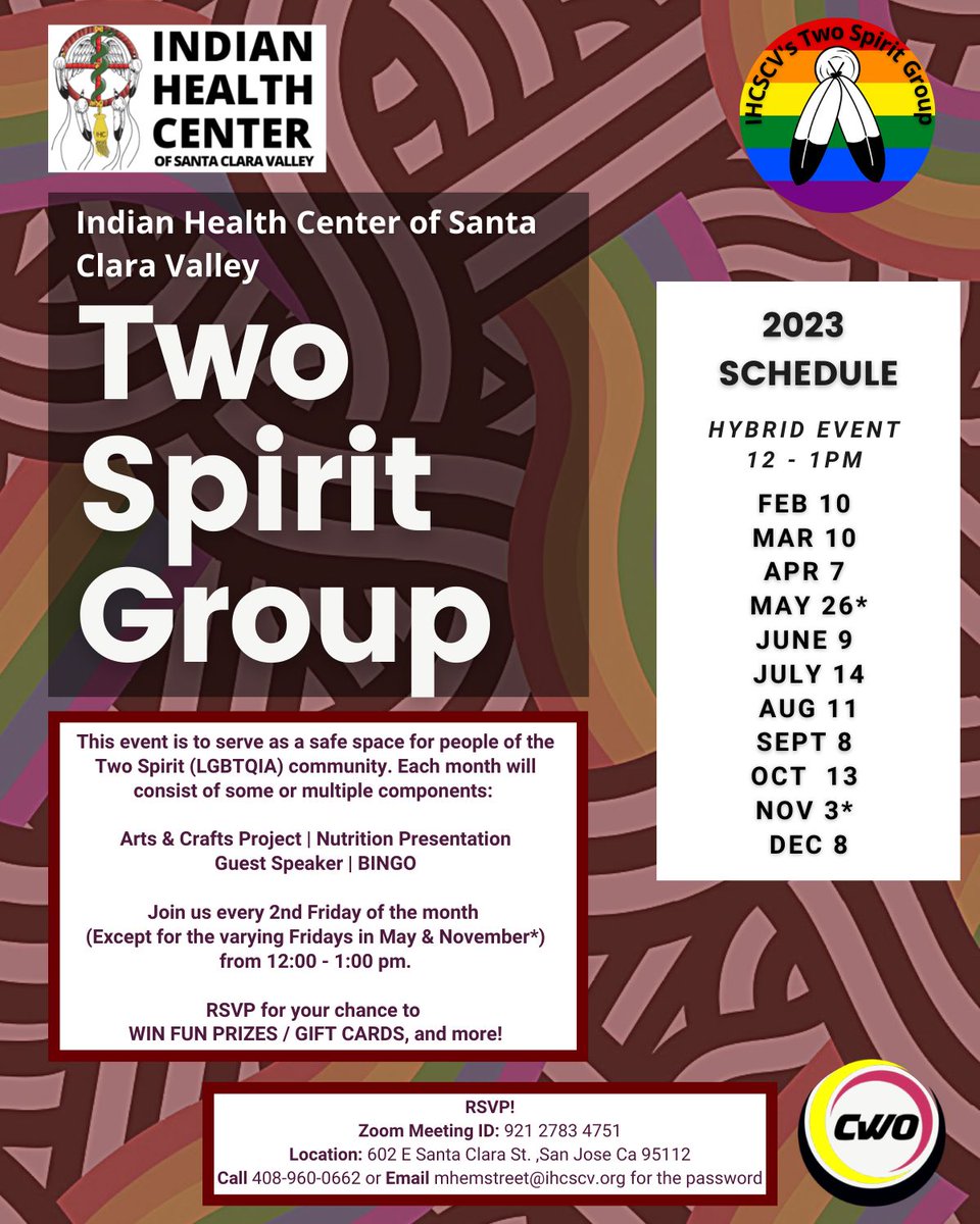 IHCSanJose's tweet image. This event is to serve as a safe space for people of the Two Spirit (LGBTQIA) community and allies.

Each month will consist of some or multiple components:
- Talking Circle
- Arts &amp;amp; Crafts Project
- Nutrition Presentation
- Guest Speaker
- BINGO or Raffle

#2SG #2Spirit