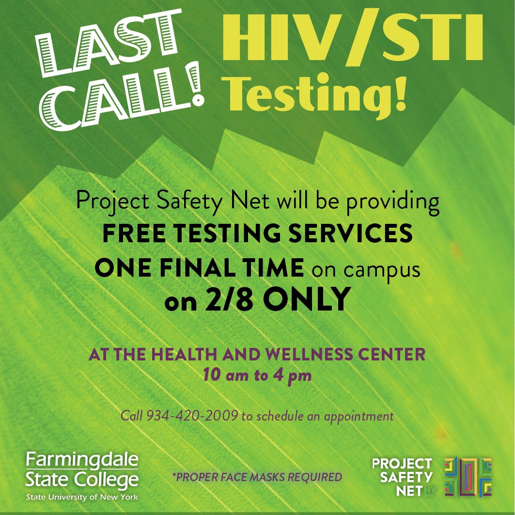 PSN_NY's tweet photo. We're now offering a final day of testing at Farmingdale State College on February 8th!
Call or text today to schedule your free testing!

#KnowYourStatus #Farmindale #Testing #HIV #PublicHealth #PSNNY #ProjectSafetyNetNY https://t.co/8AphUQR86d