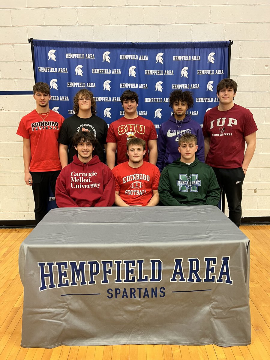Hempfield Area Athletic Department (@hasd_athletics) on Twitter photo Congrats to Hempfield Area football seniors Anthony Vallano (Carnegie Mellon), Ethan Shaw (IUP), Eli Binakonsky (Mercyhurst), Tyson Gregory (Mt. Union), Will Nelson (Rensselaer), Jackson Barton (Seton Hill), & Gino Caesar & Ian Tuffs (Edinboro) for recently committing to college. Congrats to Hempfield Area football seniors Anthony Vallano (Carnegie Mellon), Ethan Shaw (IUP), Eli Binakonsky (Mercyhurst), Tyson Gregory (Mt. Union), Will Nelson (Rensselaer), Jackson Barton (Seton Hill), & Gino Caesar & Ian Tuffs (Edinboro) for recently committing to college.