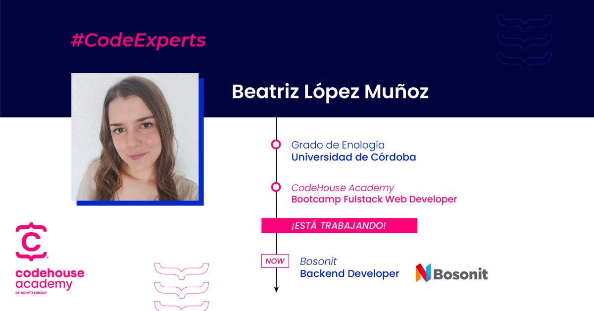 CodeHouseLearn's tweet image. ¡Conoce a nuestros #CodeExperts! 👏
👉 Os presentamos a Beatriz López 👩💻 #Fullstack Web #Developer
Tras finalizar los estudios en una de grandes pasiones, la enología, decidió dar un giro profesional y adentrarse en lo que sería un mundo retador ¡La #programaciónweb!