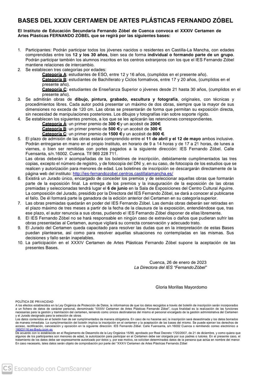 IES Fernando Zóbel convoca el XXXIV certamen de Artes Plásticas Fernando Zóbel.
Toda la información, así como los boletines de inscripción está disponible en la web del centro …andozobel.centros.castillalamancha.es
 También os dejamos aquí  las bases y os animamos a participar