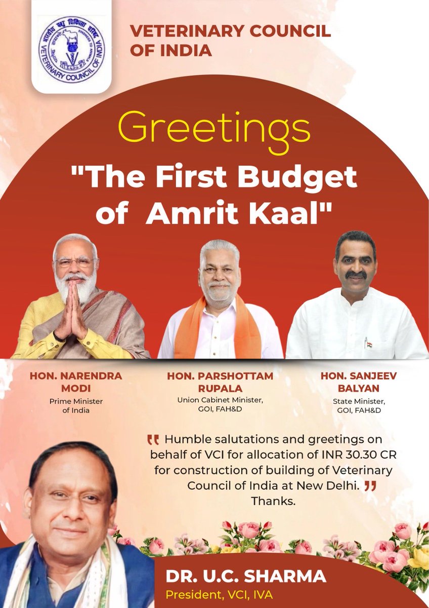 *"Budget Allocation for VCI Building"* 

On behalf of all the Veterinary fraternity, I would extend heartfelt thanks to Hon. PM shri Narendra Modi ji,  Hon. Hon. Minister of Fisheries, Animal Husbandry &amp; Dairying shri Parshottam Rupala ji dr sanjeev baliyan ji.