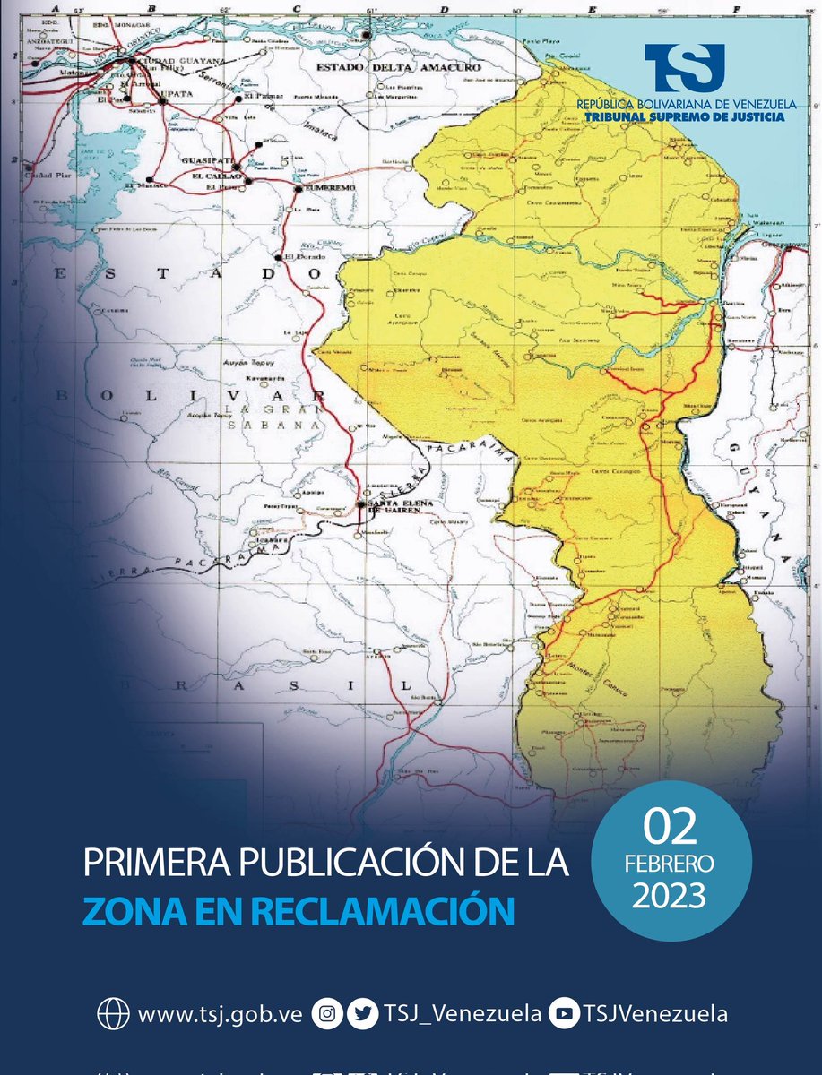 El TSJ rememora hoy la primera vez que en un mapa de Venezuela apareció, en el año 1965, el denominado territorio Esequibo como “Zona en Reclamación”; un signo inequívoco de la firme posición venezolana en defensa de su soberanía

#2Feb 
#TSJAvanza