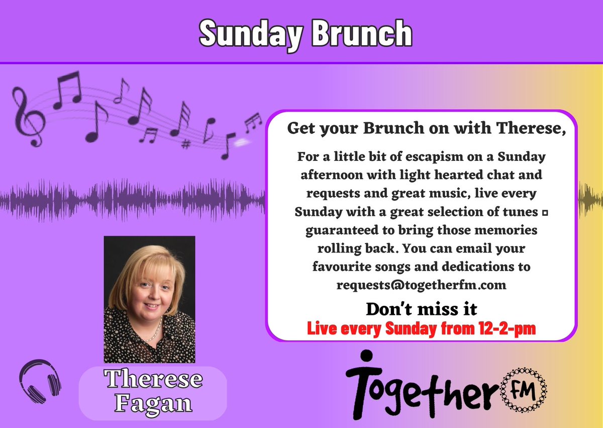 Sunday Brunch an live show hosted by therese fagan
.
.
.
.
.
#community #communityradio #ballyfermot #civiccentre #Bluebell #Chapelizod, #Clondalkin, #Inchicore #Palmerstown
#togetherfm #liveshow #liveradio #sundaybrunch #theresefagan