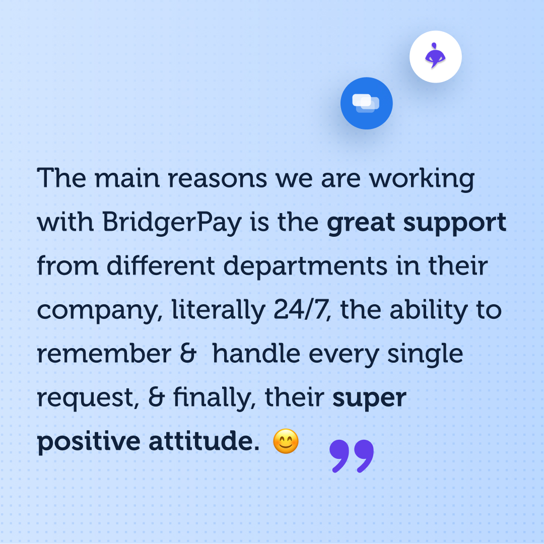 Join our happy clients and enjoy super positive attitudes 😉

See what Alejandro Stivelman from PlanYourTrip says about BridgerPay!👇

#travel #payments #clientsfirst #ecommerce