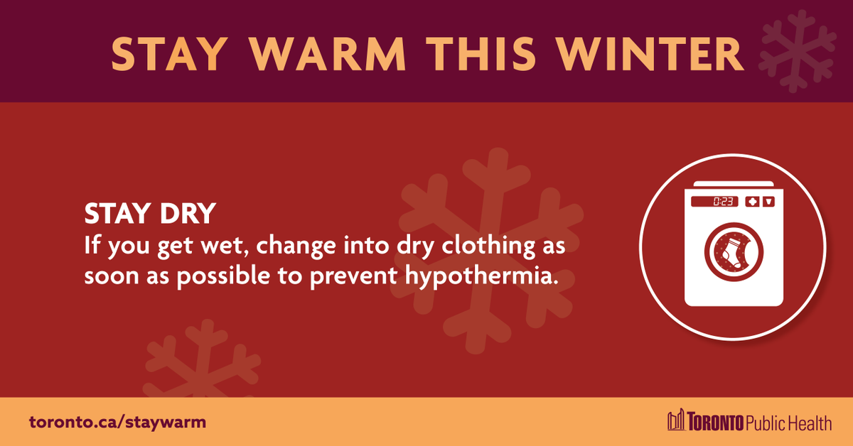 TOPublicHealth's tweet photo. The #ExtremeColdWeatherAlert continues for Toronto today. Avoid wearing wet clothing as you are more likely to develop #hypothermia if cold & wet. Get more tips to #StayWarm this winter: https://t.co/nEepGMZM7f https://t.co/1wiuXKLCjd