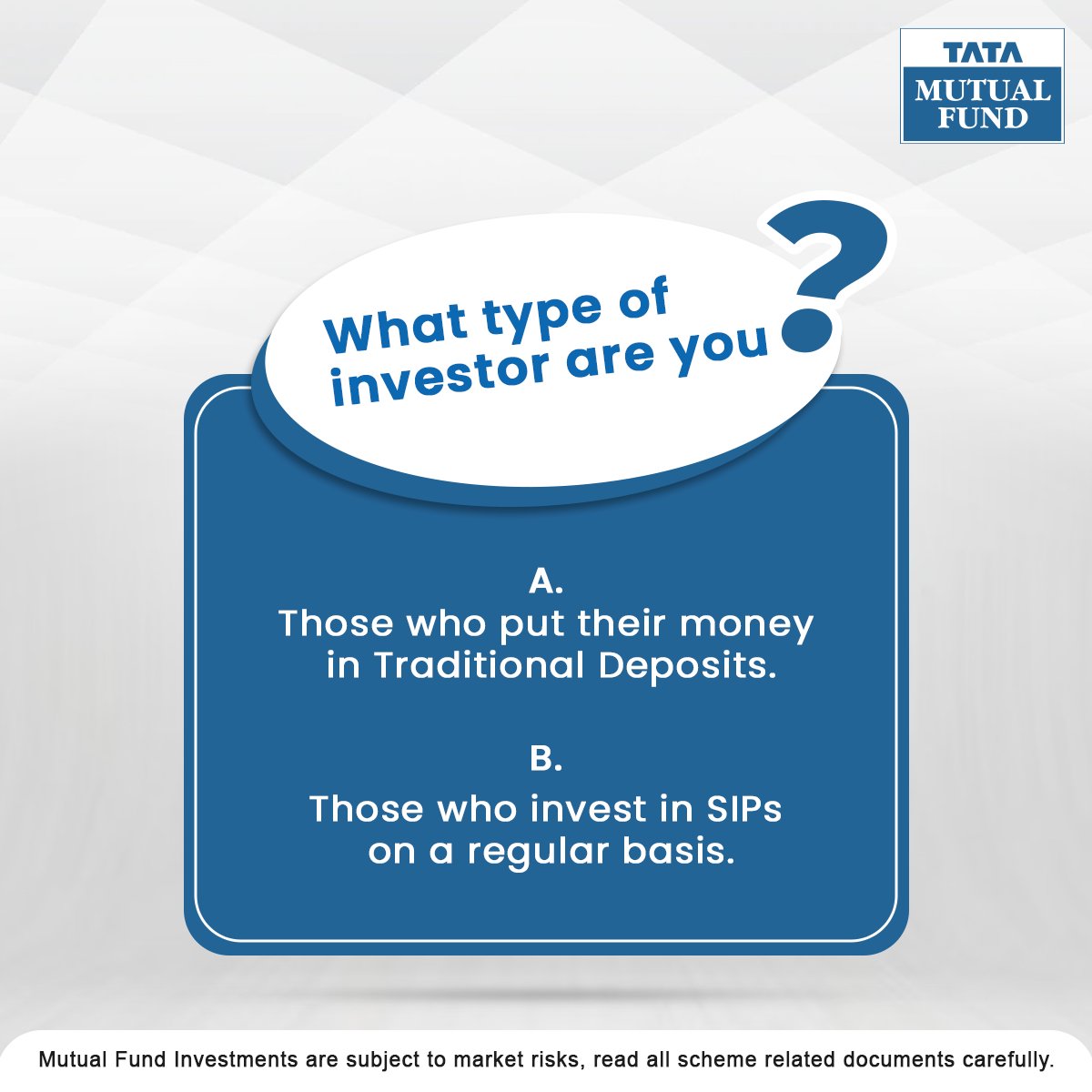 TataMutualFund's tweet image. Tell us which one you are in the comments section below.

#InvestNow #SmartSIP #InvestSmart #Stayinvested #mutualfundssahihai #KhudPeVishwaas