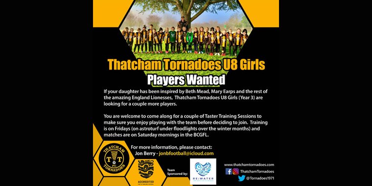 PLAYERS WANTED - Thatcham Tornadoes U8 Girls (Year 3)
⚽🖤💛⚽🌪️⚽💛🖤⚽
#thatchamtornadoes #grassrootsfootball #footballfamily #thatcham #WestBerkshire #U8 #girlsfootball #WePlayStrong #ThisGirlCan #lionessesinspired #BCGFL
thatchamtornadoes.com/news/players-w…