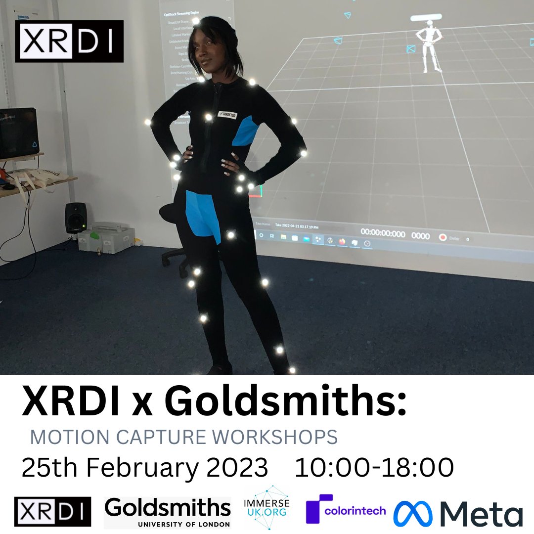 We're back!! <a href="/XRDI_/">XRDI</a> has teamed up w/ <a href="/GoldsmithsUoL/">Goldsmiths, University of London</a> to deliver FREE mocap workshops for diverse creators on Feb 25th! 

APPLY BY FEB 10th: xrdi.org/xrdi-x-goldsmi…

Huge thanks to <a href="/panxueni/">Prof Sylvia Pan 潘雪妮</a> &amp; team for making this happen!

#XR #VR #AR #diversity <a href="/ImmerseUK_/">Immerse UK</a> <a href="/Colorintechorg/">Colorintech</a> <a href="/Meta/">Meta</a>