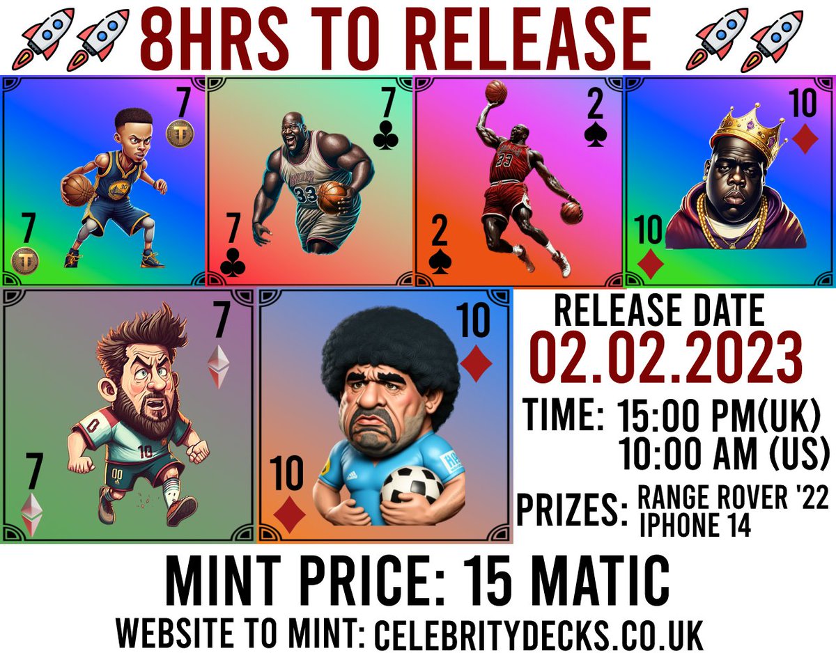 CelebrityDecks's tweet photo. ▶️MINT GOES LIVE IN   8HOURS
    ♦️MINTING  SITE 🌐https://t.co/uzfL1DJpIj
    ♦️PRICE :15 MATIC  0.010335ETH
    ♦️Join Discord:https://t.co/B6wmSBSkBN
#NFTs  #NFTart #NonFungible #CryptoArt  #BlockchainArt  #DigitalArt  #BTC  #NFT  #NFTcollectors #NFTmarket #NFT #NFTCommunity https://t.co/8LETWxpqNf