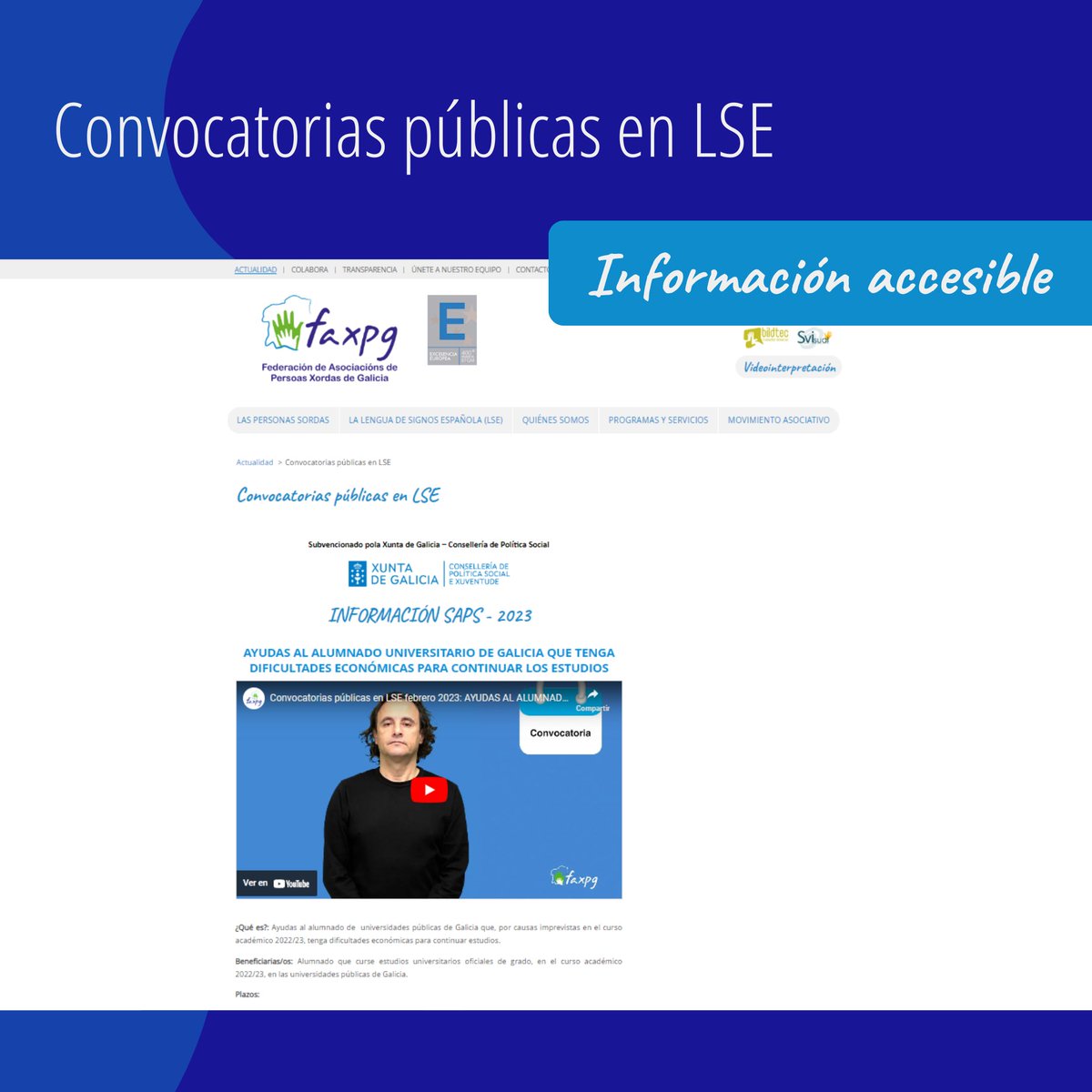 faxpg's tweet photo. 🔎 Actualizamos nuestra sección web Convocatorias públicas en LSE con información en Lengua de Signos Española sobre nuevas ayudas y recursos de interés ofrecidos por la administración pública.

Podéis consultarlas en este enlace:
https://t.co/HD4N2qM2eh https://t.co/el2caz5Ofu