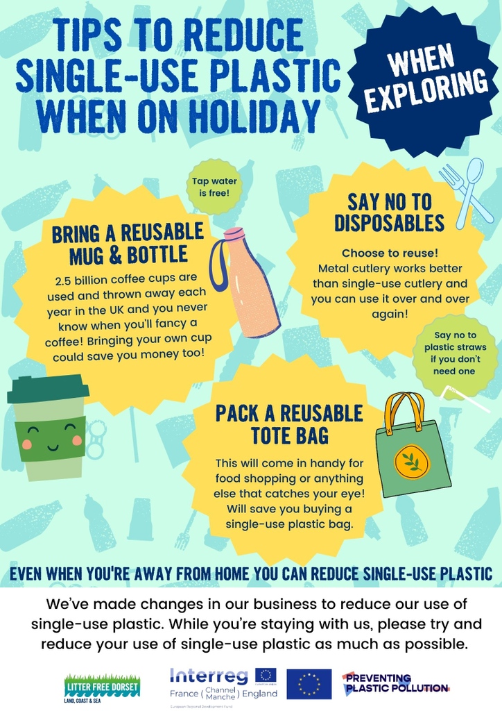 If you have a holiday accommodation business, check out these lovely posters you could use to remind your guests that even when away from home you can still reduce #singleuseplastic 👏 Let's work together to reduce single-use plastic in Dorset!⁠ @Plastic_EU #visitdorset