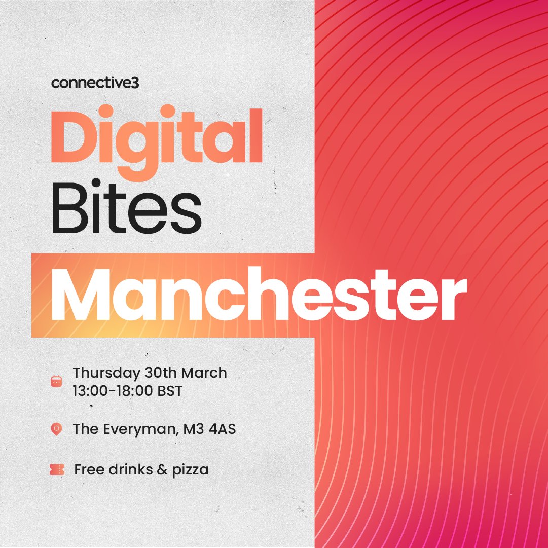 Connective_3's tweet photo. We're so excited that #DigitalBites tickets are now live! 🎉 The event is a half-day marketing conference with short, actionable talks only. 

📍Everyman Manchester
🤝Part of @DigitalCityFest 
🍕Free pizza &amp; drinks
📅Thurs 30 March
 🎟Free tickets: https://t.co/3LwNtdVZvG https://t.co/MsLdIg6U9c