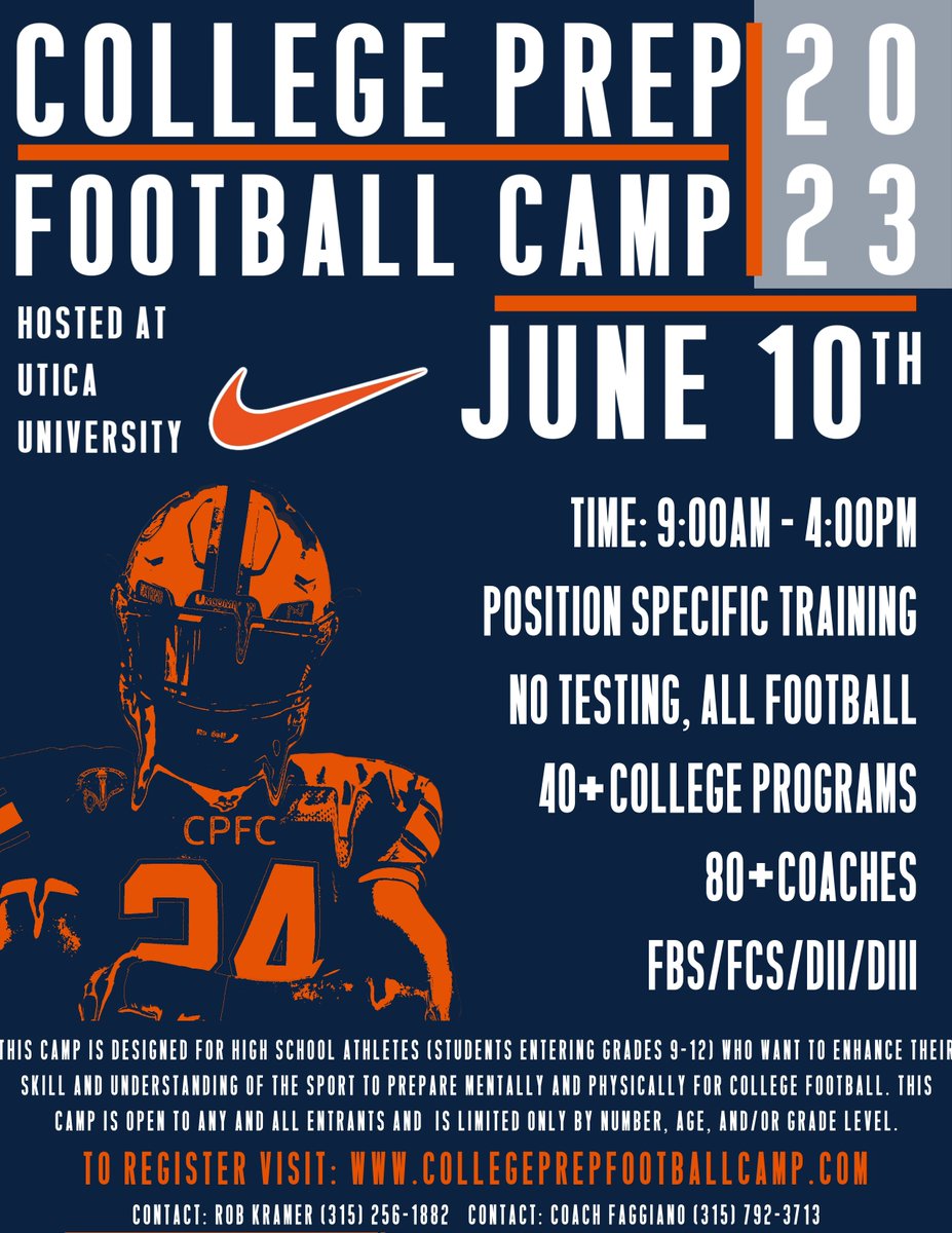 CollegePrepFootballCamp (@collegeprepfbc1) on Twitter photo We're Back! With nat'l signing day gone, a new opportunity opens. Mark them calendars. Over 40 college programs in one location. We sold out last year and will again this year! <a href="/Utica_Football/">Utica Football</a> <a href="/section3footbal/">Section 3 Football</a> <a href="/SecVFootball/">Section V Football</a> <a href="/stier_coaches/">Southern Tier Football Coaches Association</a> <a href="/MrSection6/">Section 6 Football</a> <a href="/NYSEliteAthlet/">David Marean</a> @NextGen_Pr We're Back! With nat'l signing day gone, a new opportunity opens. Mark them calendars. Over 40 college programs in one location. We sold out last year and will again this year! <a href="/Utica_Football/">Utica Football</a> <a href="/section3footbal/">Section 3 Football</a> <a href="/SecVFootball/">Section V Football</a> <a href="/stier_coaches/">Southern Tier Football Coaches Association</a> <a href="/MrSection6/">Section 6 Football</a> <a href="/NYSEliteAthlet/">David Marean</a> @NextGen_Pr