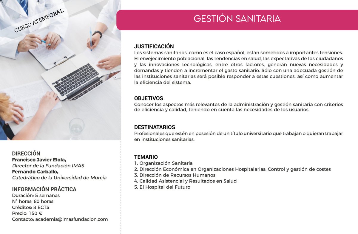 FundacionImas's tweet photo. 👩⚕️🧑⚕️🏥¿Quieres aprender sobre #GestiónSanitaria? 🎓En la #AcademiaIMAS puedes hacerlo con esta formación online dirigida por @FJ_Elola y @fcarballoa.
🫰Sólo 150€
🗓️¡Hazla cuando quieras y a tu ritmo!
👍El 92% de nuestros alumnos lo recomienda
📎 https://t.co/SZzyCRHzT8 https://t.co/J6a9tztZHx