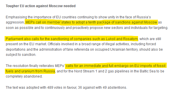 Breaking!💥 In a vote of 489 to 36, the European Parliament has passed a resolution that ’calls for an immediate and full embargo on EU imports of #FossilFuels and #Uranium from #Russia🇷🇺⚛️⛏️⛔️🇪🇺 and sanctions on Russia's #Nuclear company Rosatom🚫👏
europarl.europa.eu/news/pt/press-…