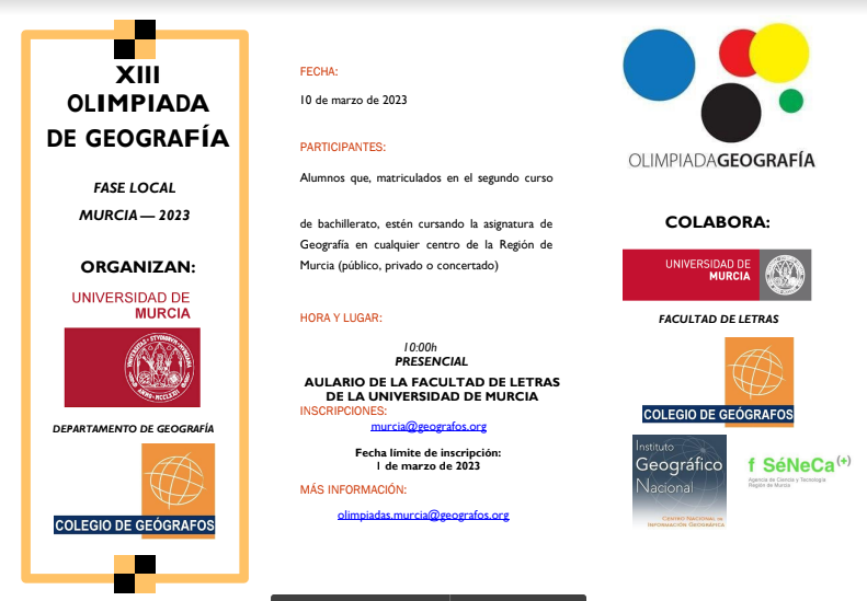 geografosmurcia's tweet photo. Recordamos que sigue abierto el plazo de inscripción para la XIII Olimpiada de Geografía que se celebrará en el Campus de la Merced el próximo viernes 10 de marzo!!! Una magnífica jornada de convivencia conociendo las salidas profesionales de los geógrafos @GeografiaUmu https://t.co/hs9xJkrmq3