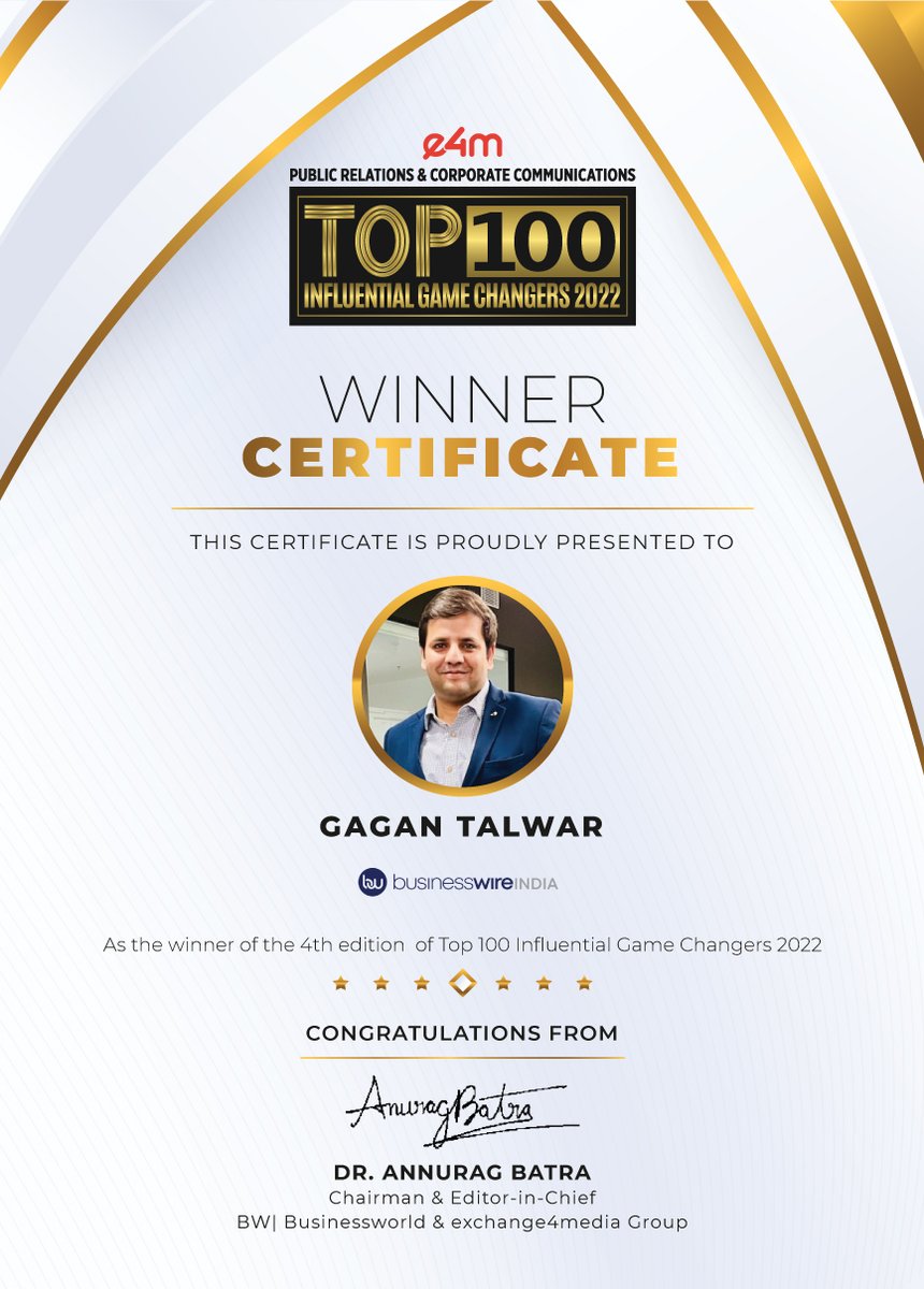 e4mevents's tweet photo. Heartiest Congratulations to @gagan__talwar from @BWIndia for being part of Top 100 Influential Game Changers List 2022.

@anuragbatrayo | @nawalahuja | @karanbhatias
 
#e4mprTop100 #e4mprlist #e4mPRCorpComm #list #PR #CorpComm https://t.co/qgsN3EuR23